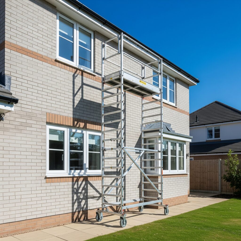 A mobile aluminum scaffold tower positioned against a residential house wall for safe access during maintenance or painting work.