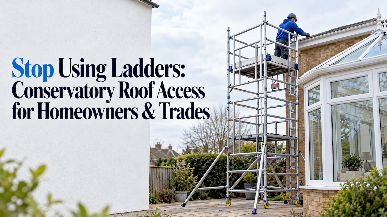 Scaffold tower beside conservatory roof