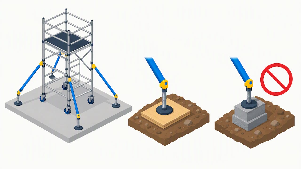 Stay Legal: 7 Steps to Fit Scaffold Tower Outriggers Safely in the UK 2 Proper and unsafe scaffold outrigger ground supports
