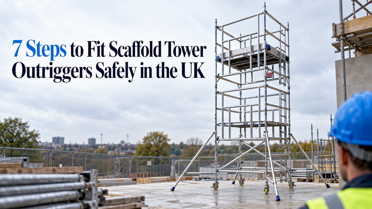 Scaffold tower fitted with safety outriggers