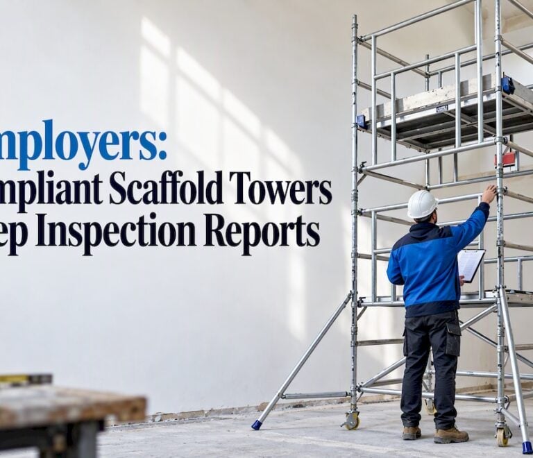 Worker checks scaffold tower and inspection report