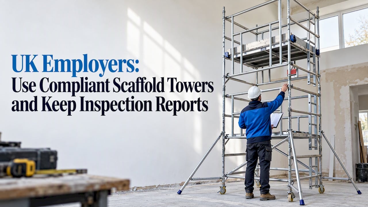 Worker checks scaffold tower and inspection report