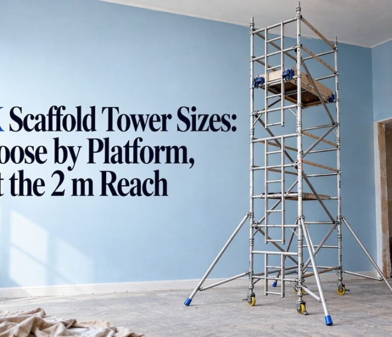 Scaffold tower set up in unfinished room