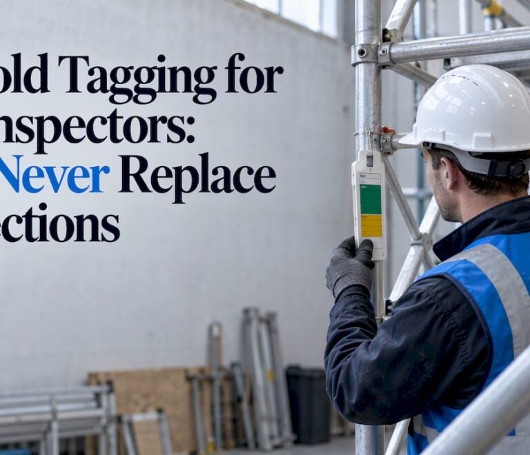 Inspector checking a tag on scaffold tower
