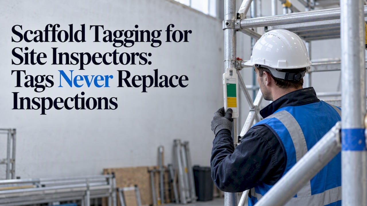 Inspector checking a tag on scaffold tower